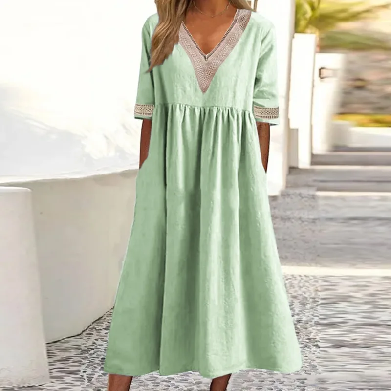 

Women Holiday Loose Dress Solid Color Cotton And Linen V-neck Short Sleeve Lace Casual Knee Length Dress Summer Beach Dresses