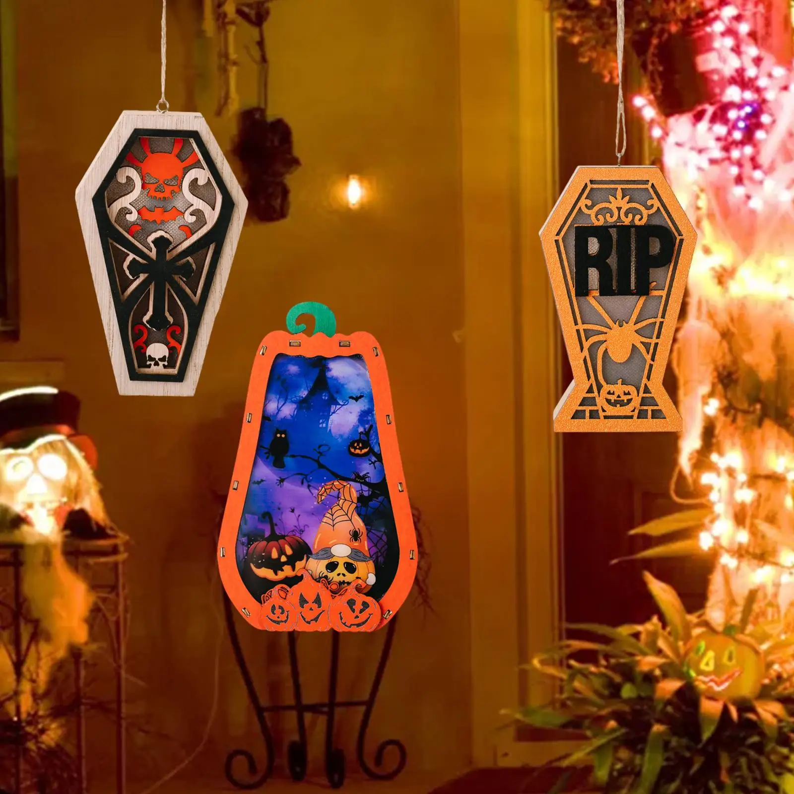 

3Pcs Halloween Hanging Decoration Wooden Lamps Pendants Pumpkin Night Light