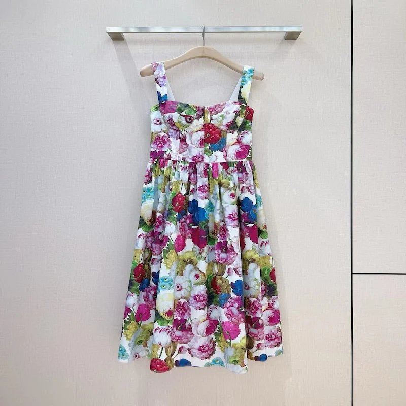 

Fyion Runway Flower Midi Dress Summer 2024 Women's Spaghetti Strap Sleeveless Floral Print Cotton Empire Dress
