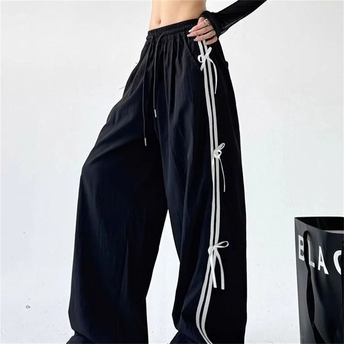 Retro Side Stripe Bowknot Wide Leg Pants Women High Waist Casual Sports Trousers Harajuku Cargo Pants Streetwear Hip Hop Joggers
