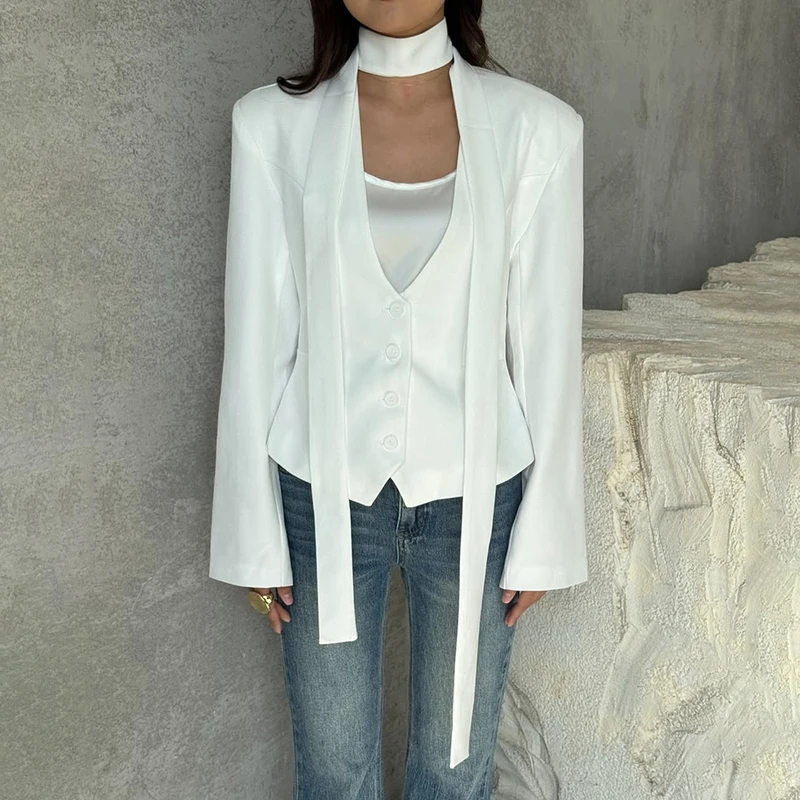 Ticketsx V Neck Scarf Blazer Jacket Women' Elegant Cinched Waist Single...
