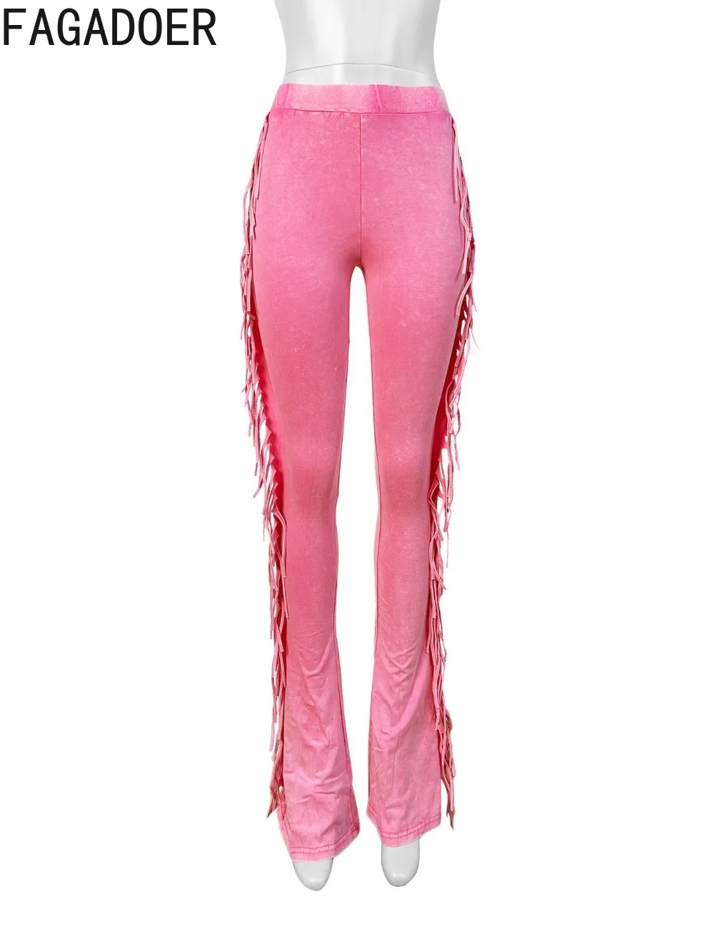 Autumn Winter Casual Tassels Skinny Flare Pants Women High Waist Solid Stretchy Trousers Female Y2k Streetwear Bottoms