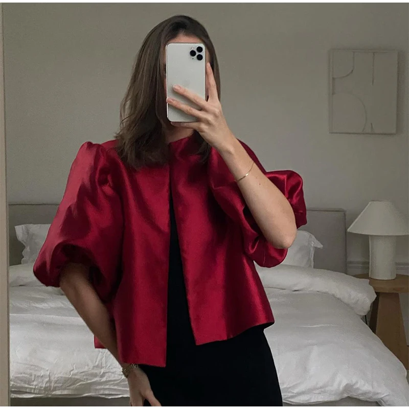Blusas elegantes con mangas abullonadas y cuello redondo para mujer, estilo vintage, holgadas y lisas, con una sola botonadura, para verano