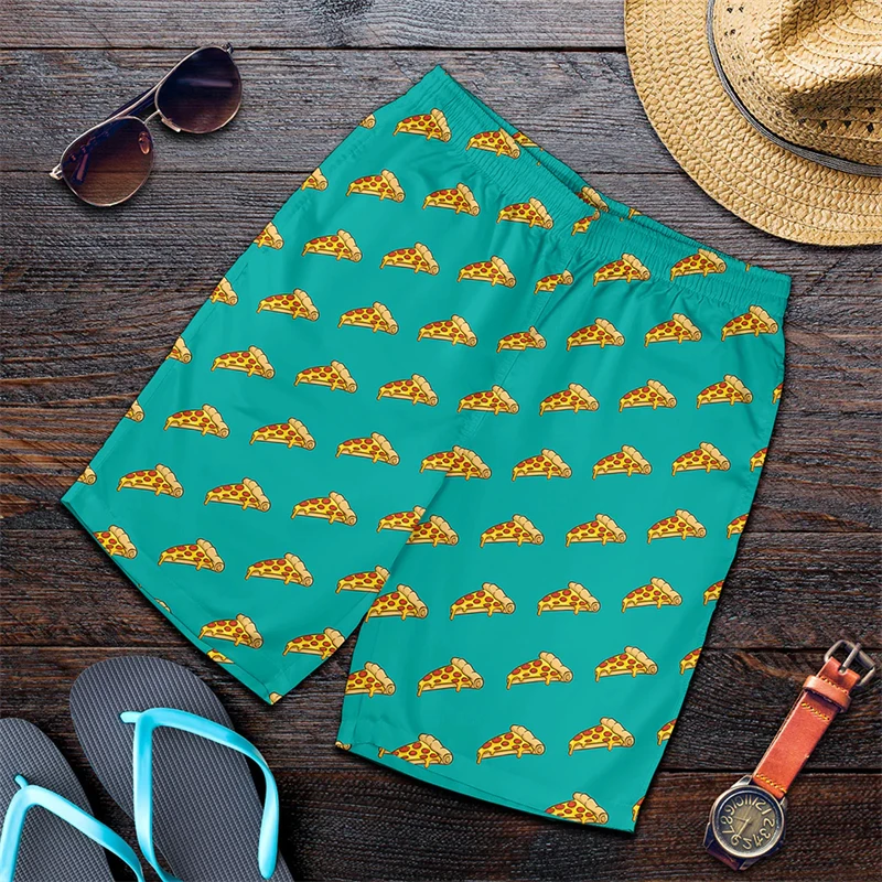 Funny Pizza Pattern Beach Shorts Men 3D Printing Pizza Board Shorts Swimsuit Summer Quick Drying Ice Sportwear GYM