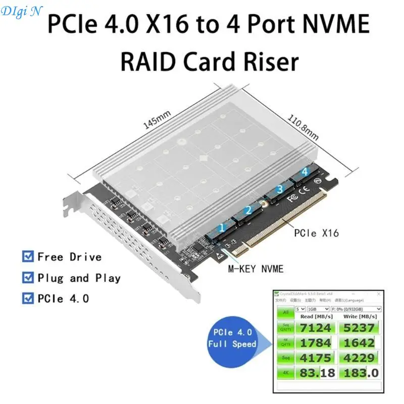 4 포트 M.2 NVMe PCIE4.0 X16 어댑터 다중 드라이브 어레이 슬롯 SSD 확장 R2LB