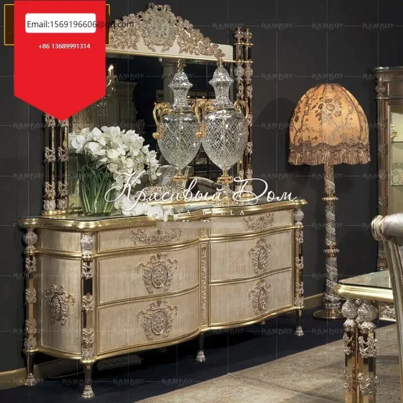 

French luxury sideboard villa living room lockers European solid wood carved silver foil chest of drawers chest of drawers