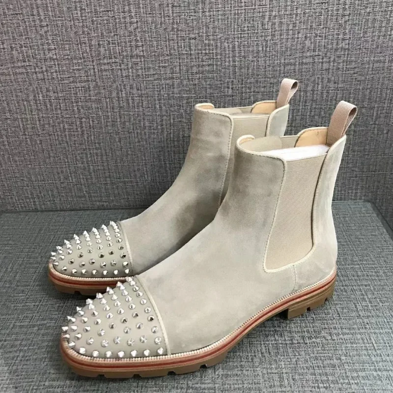 

HIgh Top Boots Shoes For Men Dress Luxury Top Quality Trainers Driving Spiked Bar Gray Suede Genuine Leather Flats Sneakers