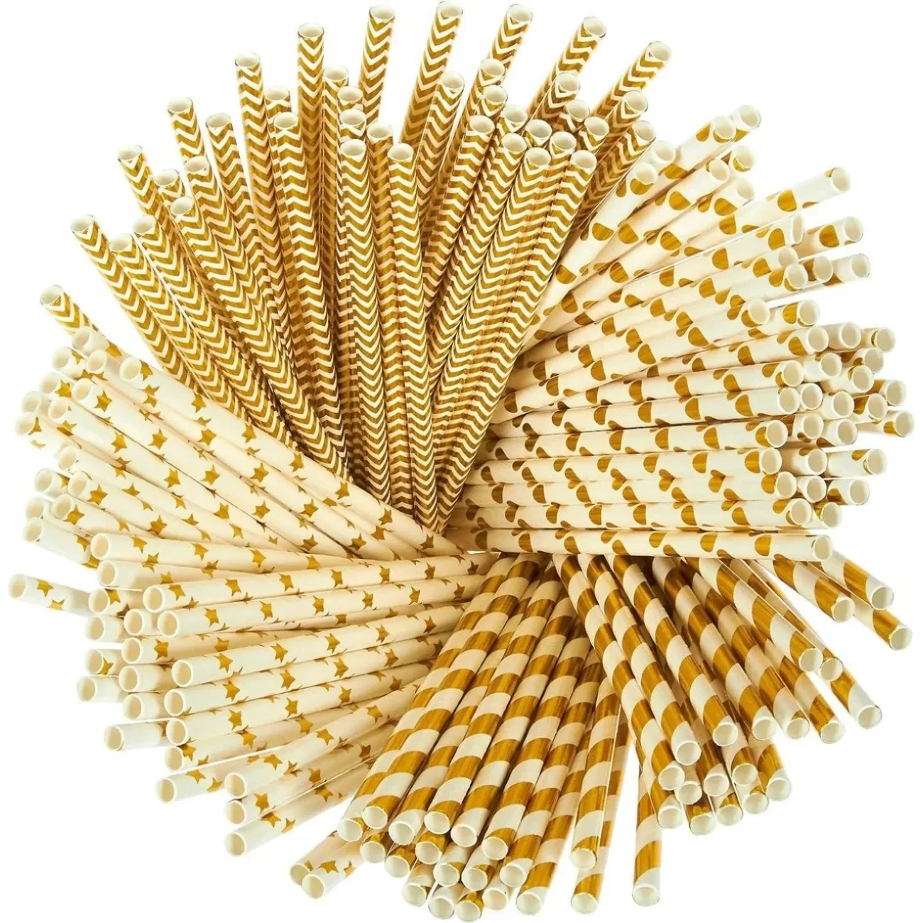 100 Striped/Wave/Heart/Star Straws for Birthday, Biodegradable Gold Paper Straws, Wedding, Celebrations and Party Supplies