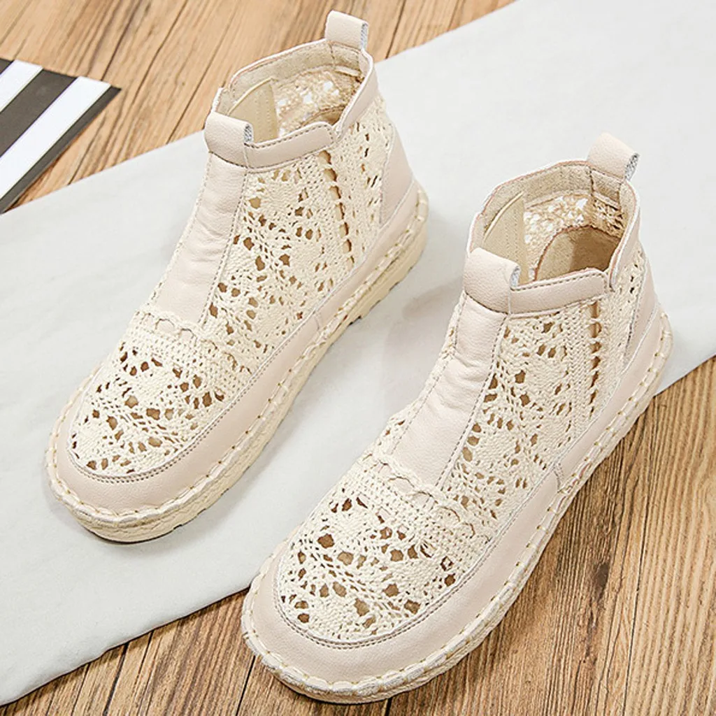 Hollow Out Women Boots Flats Slip-on Solid Ankle Short Boot Round Toe Shoes For Women Thick-soled British Style Boots Women 2022 