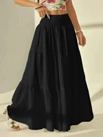 Women  Fashion Tiered Maxi Skirt Elastic Waist Casual Solid Color A-line Faldas Mujer Holiday Streetwear Long Jupes - Image 6