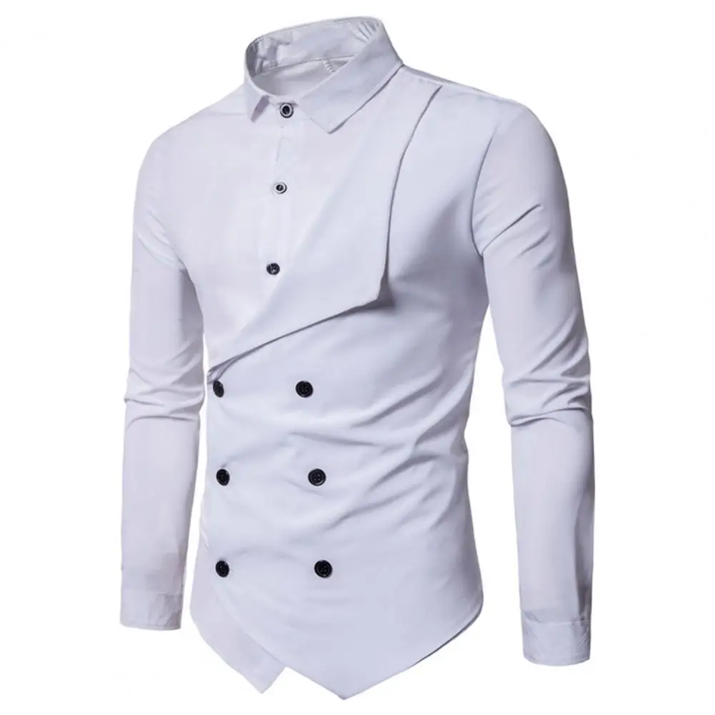 

Men Autumn Winter Solid Color Chef Shirt Double Breasted Lapel Fake Two Pieces Design Slim Fit Work Shirt Workwear