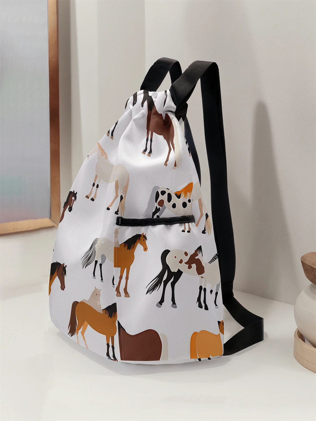 Horse Pattern Pulling Rope Backpack - Large Capacity Durable Fitness Bag, Adjustable Shoulder Strap, Sports Beach Backpack