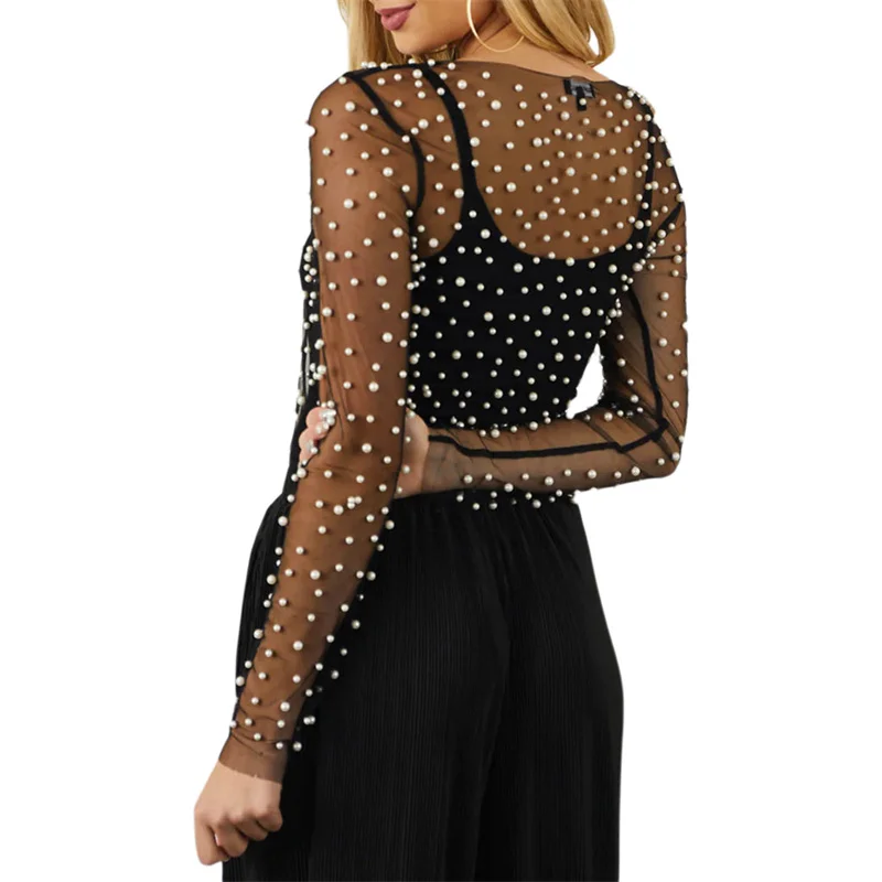 Sheer Mesh Top with Pearls Women y2k Clothing See Through Round Neck Long Sleeve T Shirt 2000s Clothes Party Clubwear
