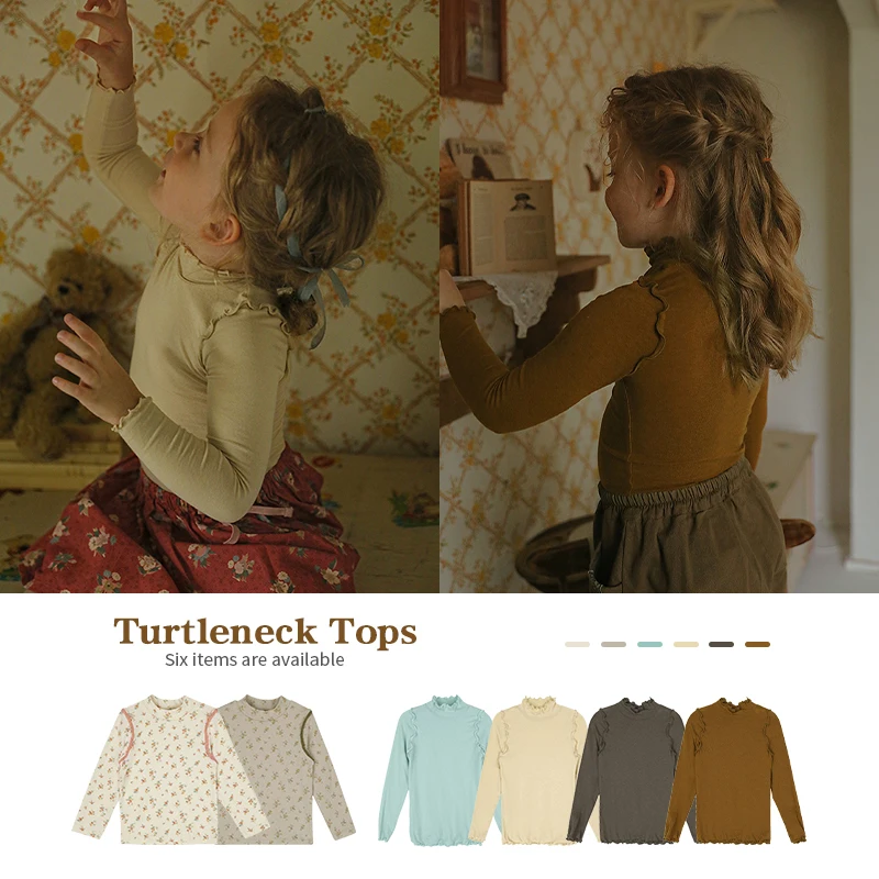

AM Autumn Girl Long Sleeves T-shirt Baby Cute Tops Children Floral Solid Color Half-high Neck T-shirt Newborn Bottoming Shirt