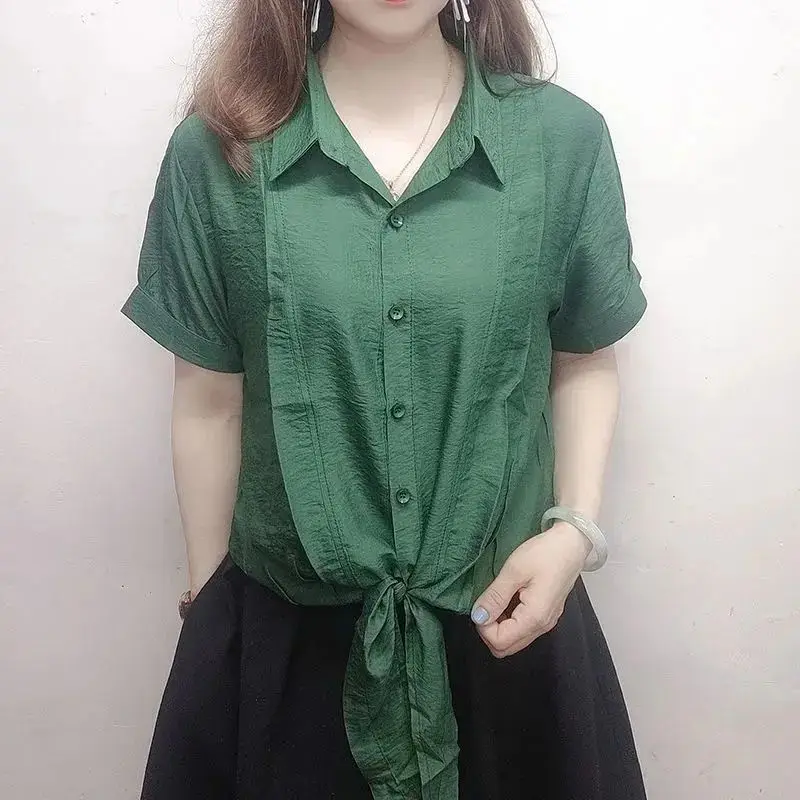 

Office Lady Elegant Korean Fashion T-Shirts Casual Loose Solid Button Lacing Turn-down Collar Women's Clothing Short Sleeve Thin