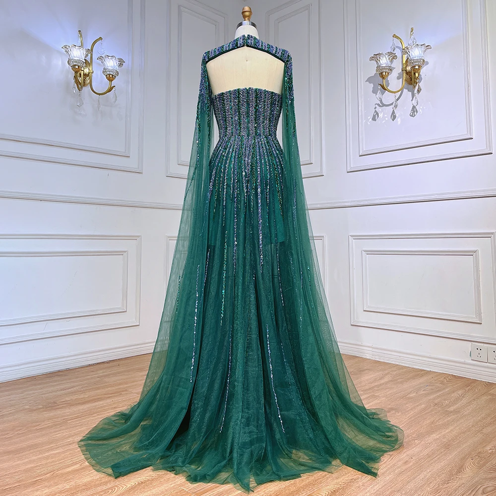 Serene Hill Arabic Green Cape Sleeves A Line Beaded Evening Dresses Long 2023 Celebrity Gowns For Woman Wedding Party LA71912