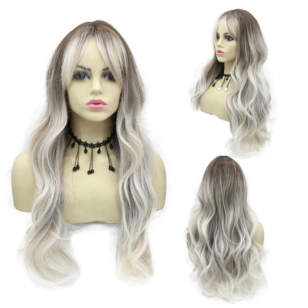 

Long Wavy Gradient Gray Hairs 24inches Mechanism Wigs with Bangs No Lace Front Wig Heat Resistant Fiber for Women Daily Use