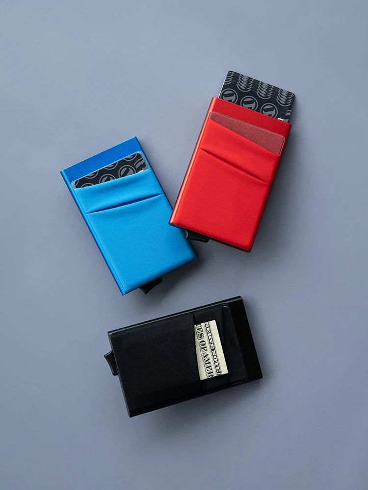 Card Holder with Money Pocket Pop Up Wallet RFID Blocking Slim Metal Bank Card Case Holds 5 Cards