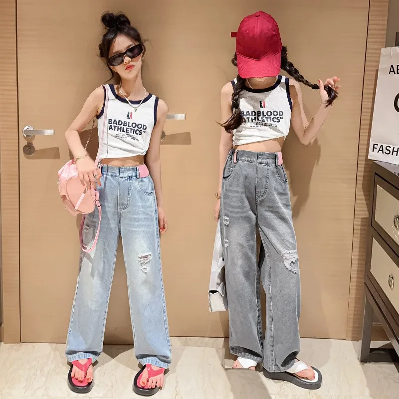 

Teenage Girls Clothes Set New Summer Casual Kids Cotton Letter Vest + Ripped Straight Jeans 2pc Children's Wide Leg Pants 5-14Y