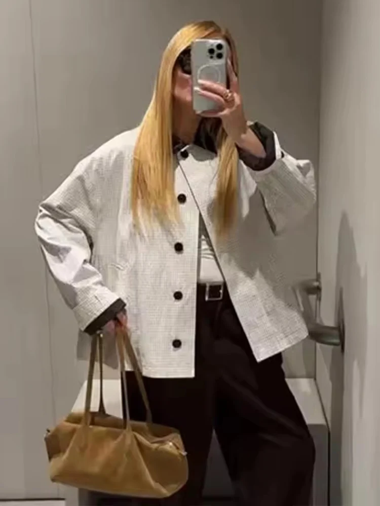 Women Leather collar Jacket 2025 New Autumn Fashion Grid Print Long Sleeve Zipper Loose Coat Chic Female High Street Outerwear ﻿