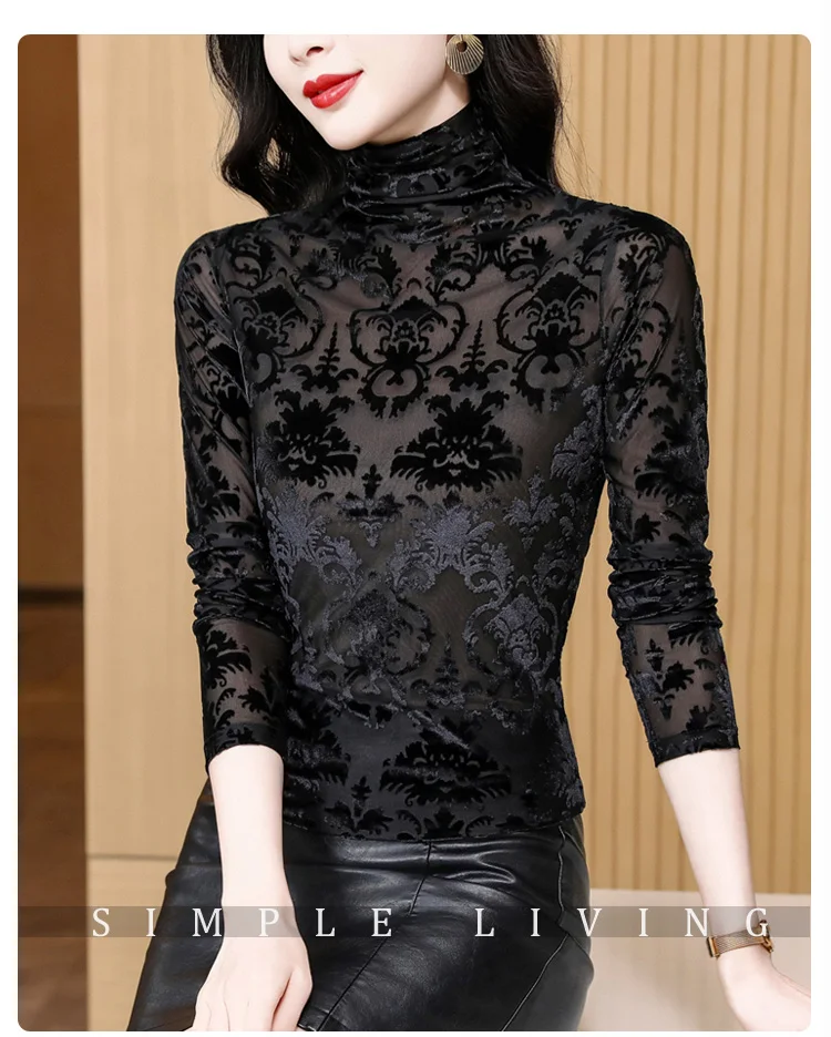 High Collar T Shirt - Korean Fashion Floral Mesh Long Sleeve Tees For Women