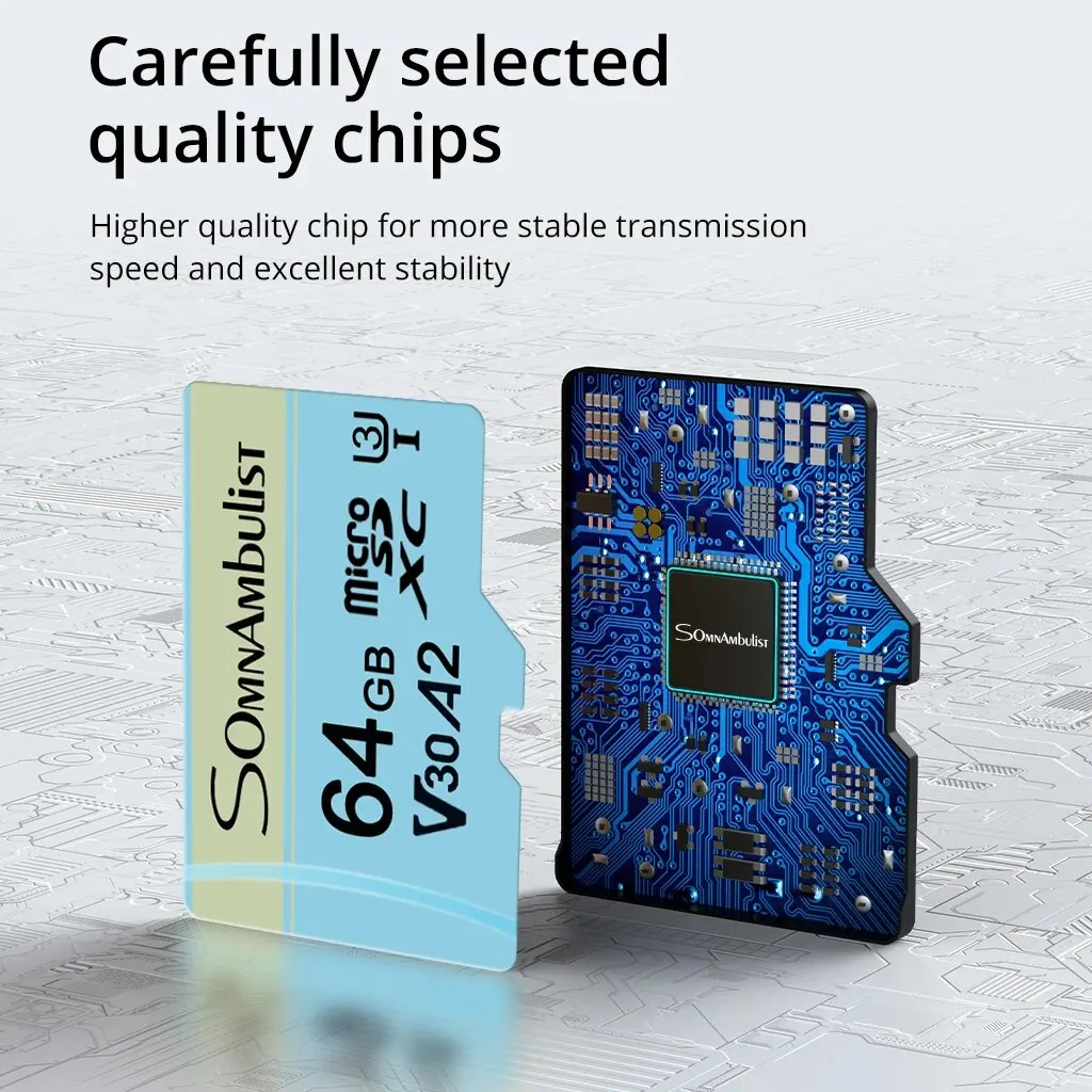 SomnAmbulist 휴대 전화 컴퓨터용 마이크로 SD 카드, 드론 감시 장치 카메라, 64GB A2 메모리 카드, Class10 U3 4K, 64GB
