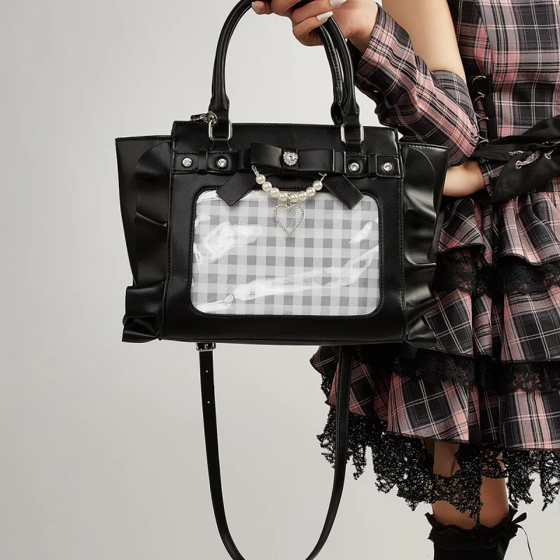 Cute Japanese heart-shaped printed handbag with lace and pearl details, women's crossbody bag with small capacity