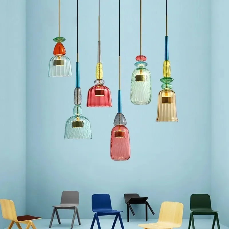 Scandinavian Macaron Colourful Dining Room Lampshade Modern Simple Creative Dining Table Candy Colourful Luster Glass Chandelier