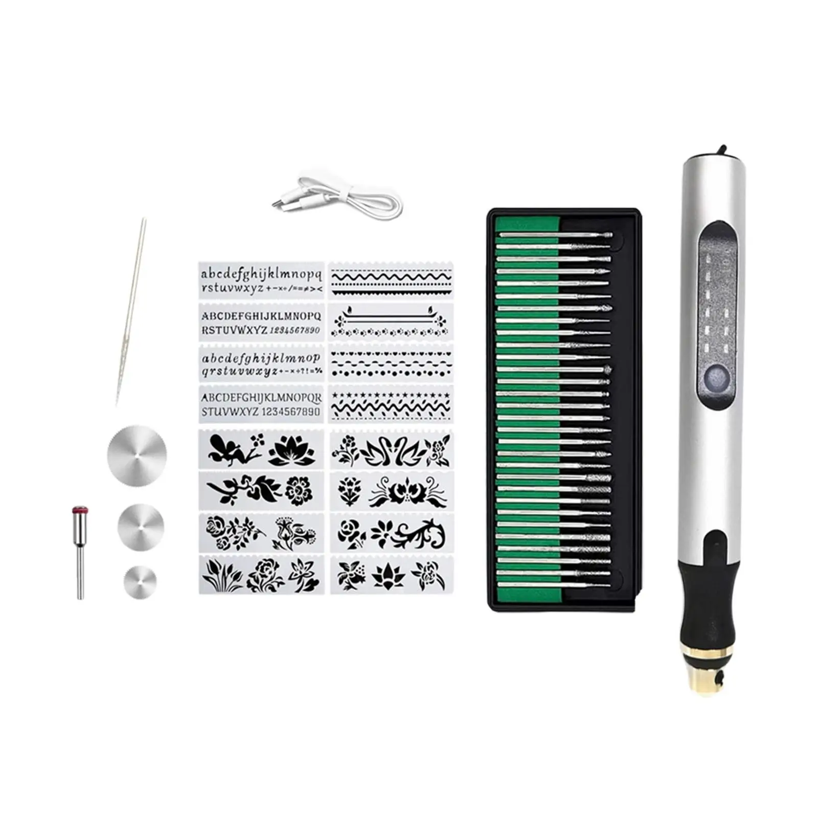 

Engraving Pen Set with 30 Bits Portable Carving Tool 4Pcs Stencils DIY Engraver Pen for Wood Manicure Rocks Ceramic Jewelry