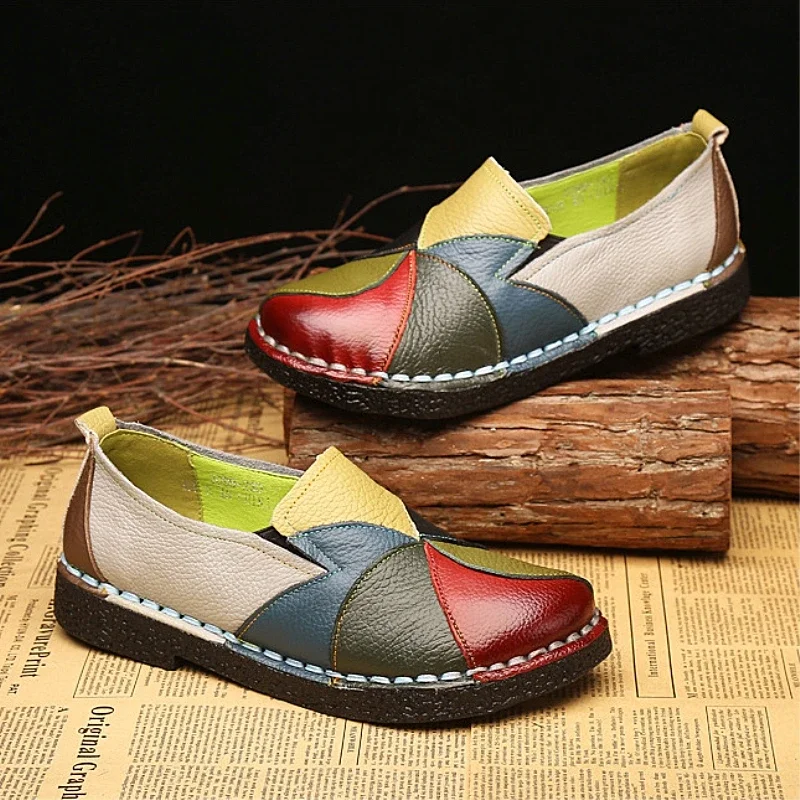 

2023 Women Loafers Patches Stitching Flat Shoes Woman Summer Flats Soft Candy Colors Genuine Leather Moccasins Loafers Flats