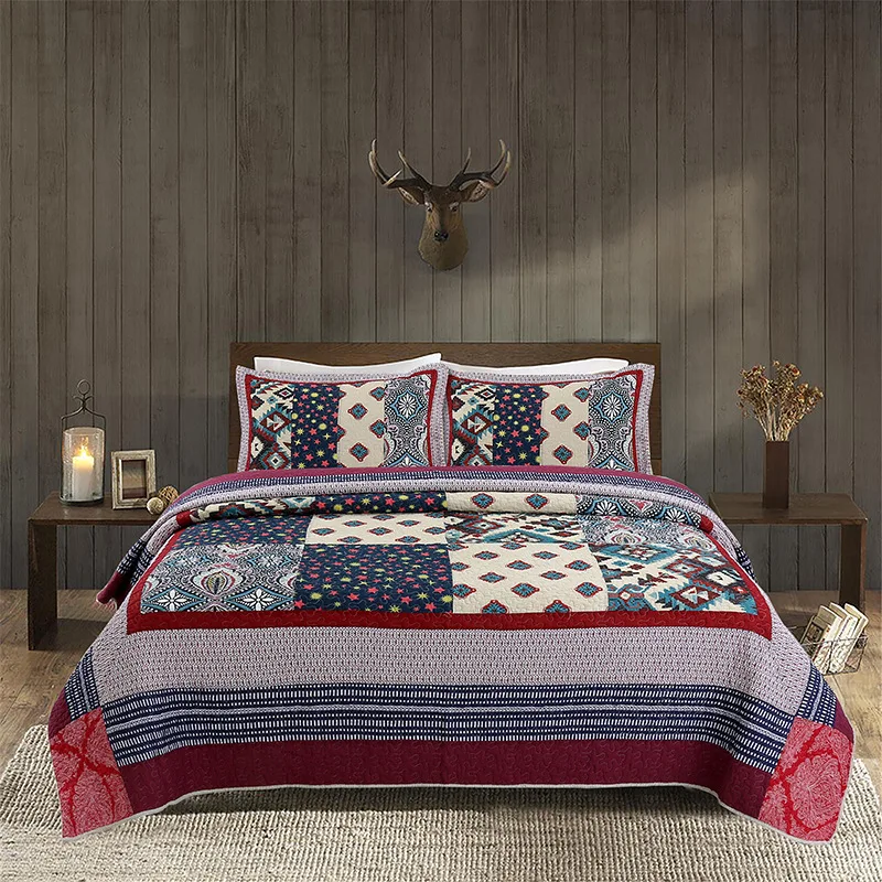 Rustic Quilted Bedspread & Pillow Shams Set American Country Style Print 
