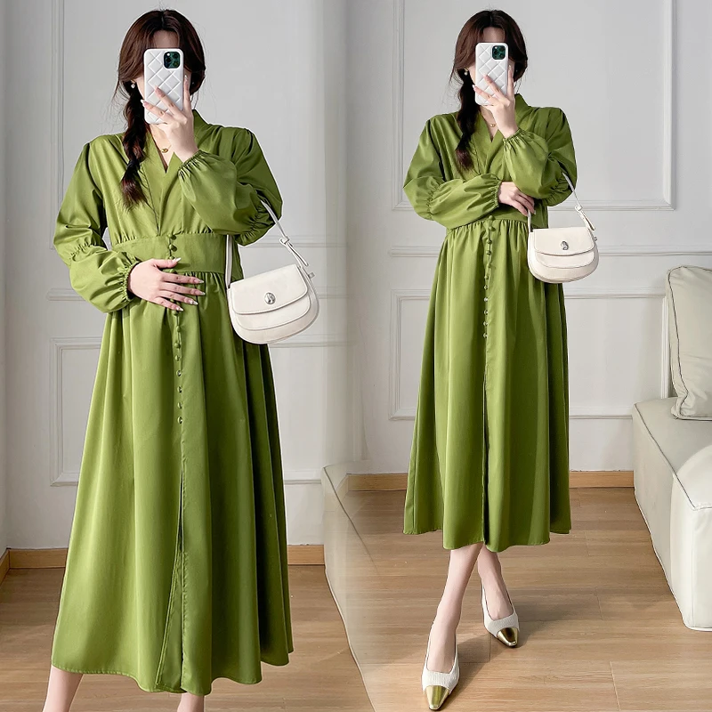 

2024 Spring Long Loose Pregnant Women's Green Dress Lantern Sleeved V-Neck High Maternity Dresses Plus Size Pregnancy Clothes