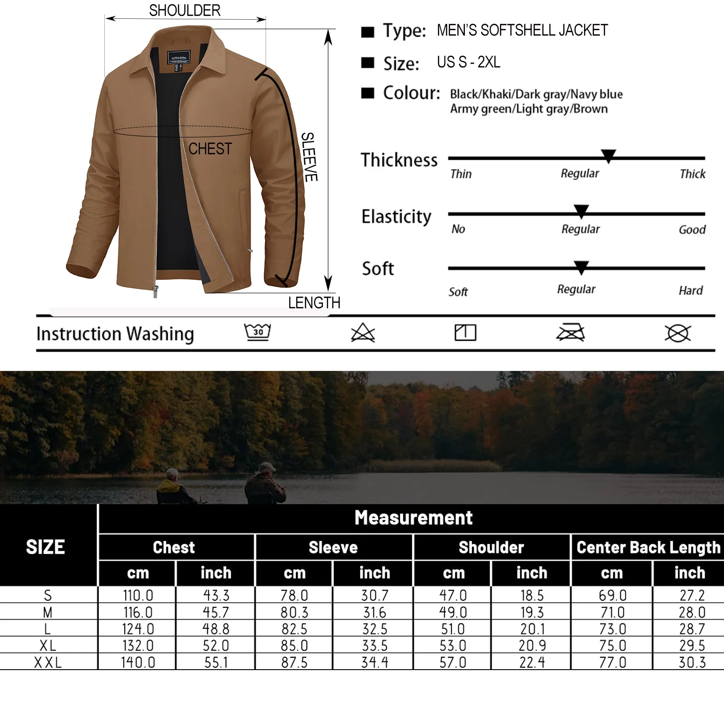 EKLENTSON Herren-Softshell-Jacke, leicht, winddicht, durchgehender Reißverschluss, lässige Outdoor-Jacke mit mehreren Taschen, elastischem Saum – Detail 7