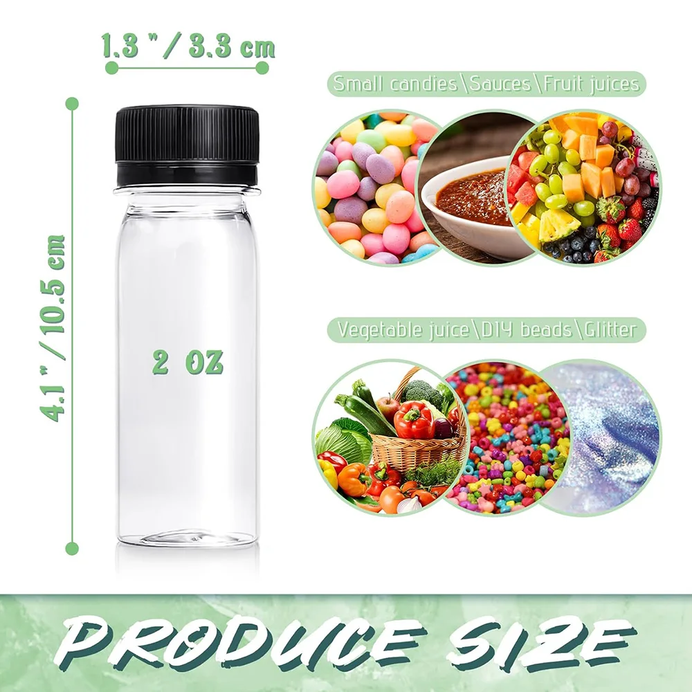 2 oz Small Plastic Bottles for Liquids Ginger Shot Bottle with Lids Reusable Bulk Beverage Containers