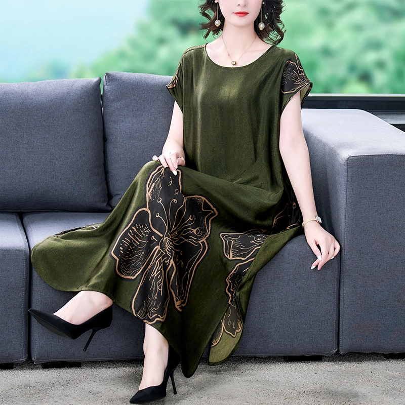2024 Black Floral Silk Short Sleeve O-Neck Midi Dress Women Korean
