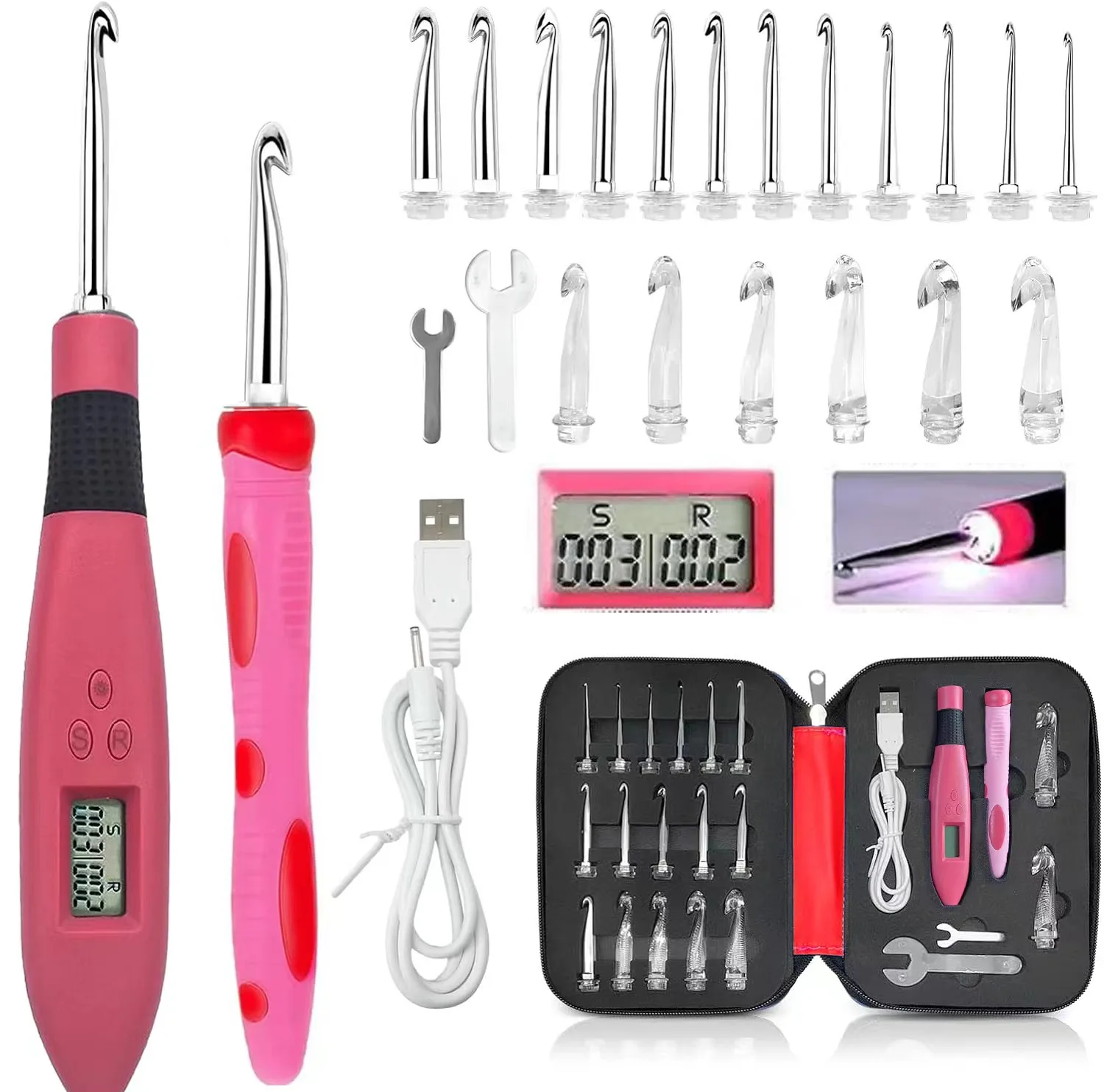 18pcs Lighted Crochet Hook Ergonomic Knitting Needle Set Interchangeable Metal Heads DIY Tool for Beginners