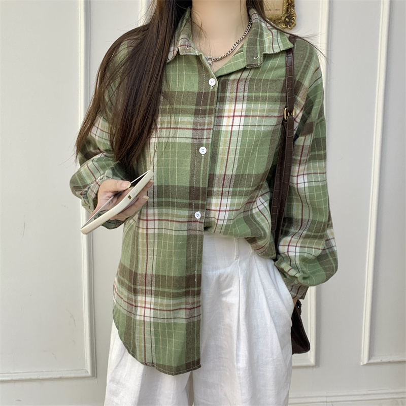 Plaid Shirt Women Long Sleeve Collared Button Up Shirt Blouse Top Female Teen-girl Boyfriend Style Loose Tartan Shirts