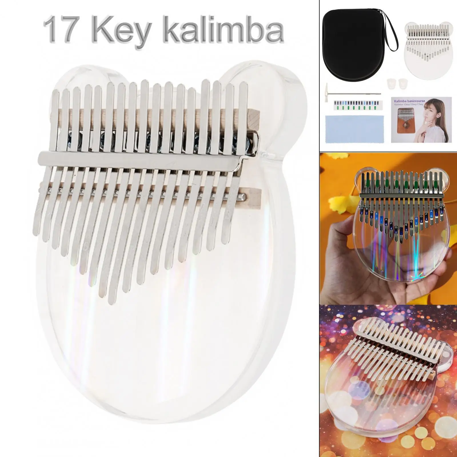 

17 Keys Kalimba Clear Laser Rainbow Bear Shape Thumb Piano with Eva Protective Case Musical Instrument Gifts Finger Piano