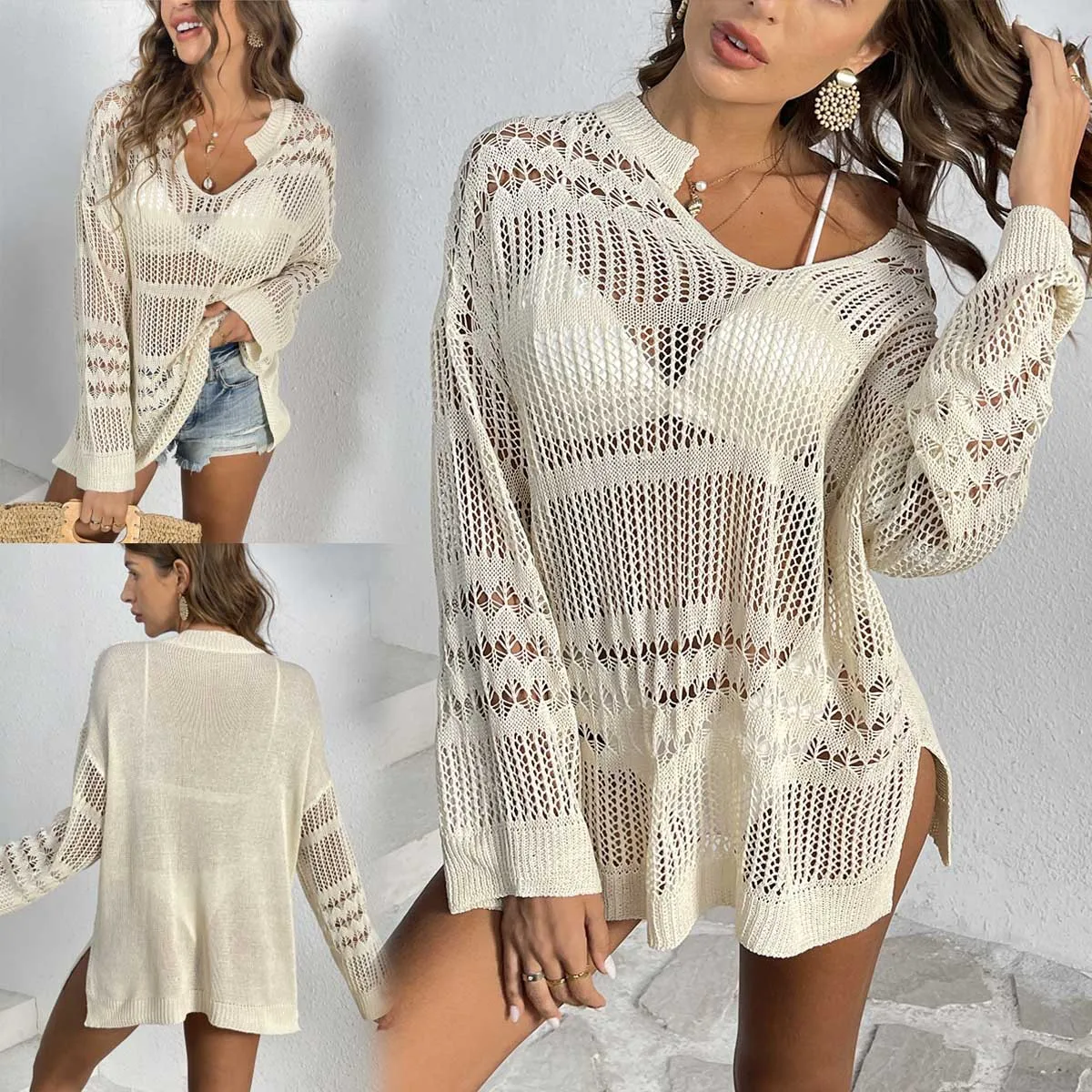 Women's Hollow Long Sleeve Crochet Robe Beach Cover Up Beach Skirt Beach Wear Beach Wear Women