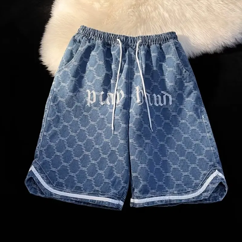 American Fashion Embroidered Denim Shorts Men's Summer Trend High Street Hip-hop Slit Sports Pants Casual Five-quarter Pants