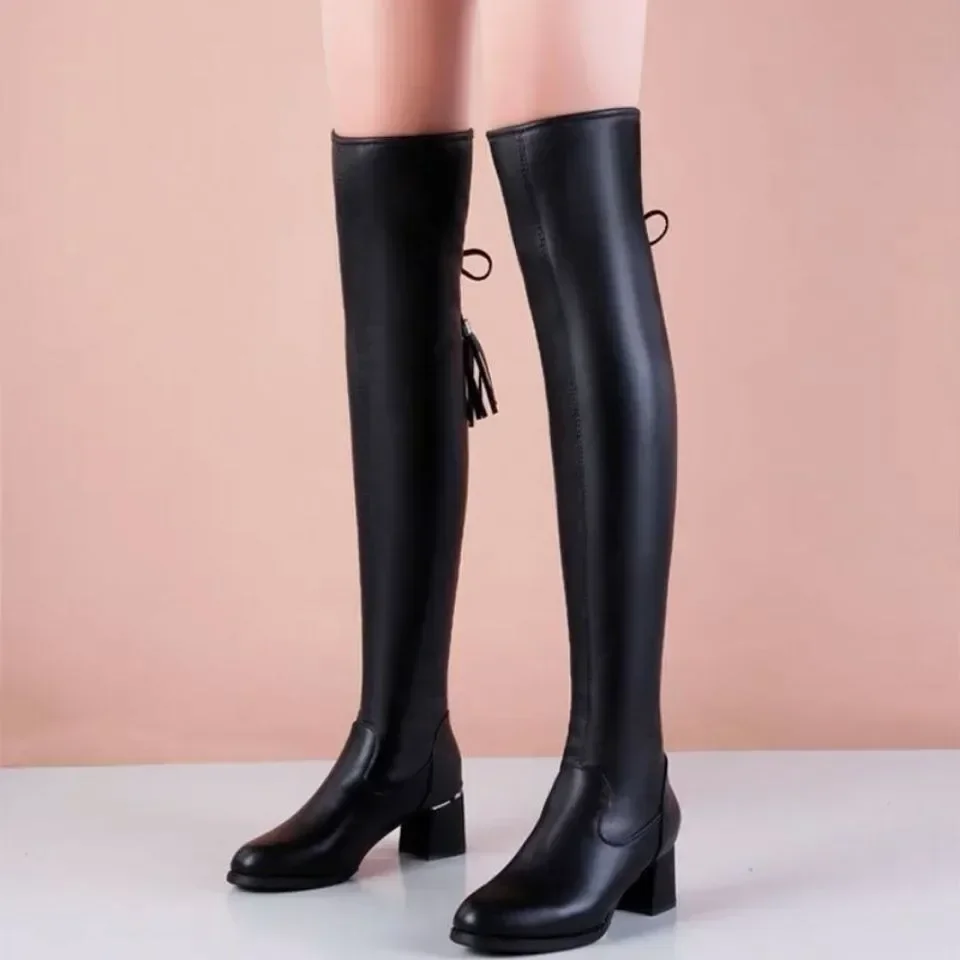 Korean Black Over The Knee Boots Cheap Women Leather Elastic Over