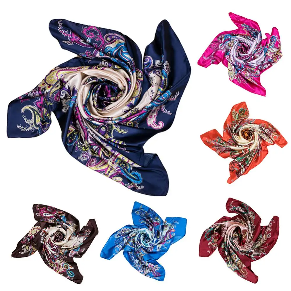 

90x90cm Square Towel Imitated Silk Fabric Women Flower Print Head Wrap Scarf