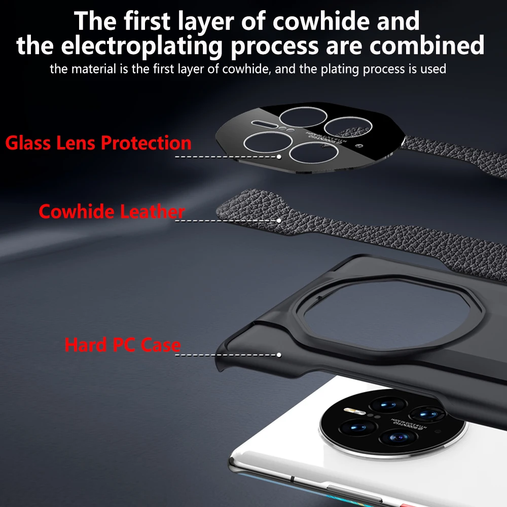 Genuine Leather Phone Case For Huawei Mate 50 Pro Cowhide Crocodile texture Cover For Mate 50E Luxury plating Square Capa