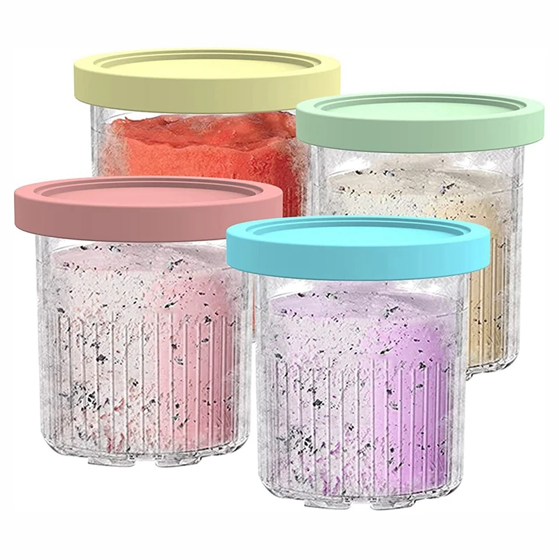 4 Pezzi Ice Cream Maker Creami Pinte E Coperchi Silicone + Parti Di Ricambio In Plastica Come Mostrato Per La Serie Ninja Nc500 Nc501