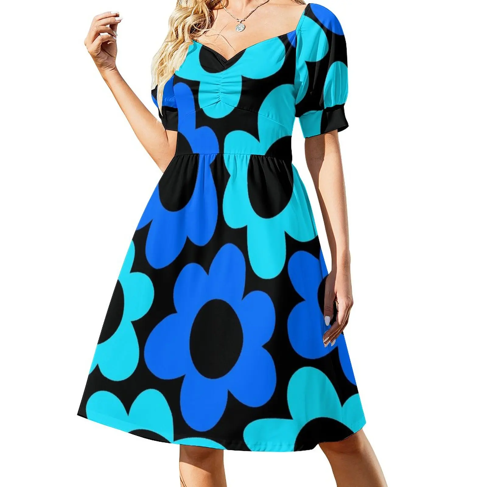 

Retro 1960's Blue And Aqua Flower Pattern On Black Sleeveless Dress evening dress women Aesthetic clothing