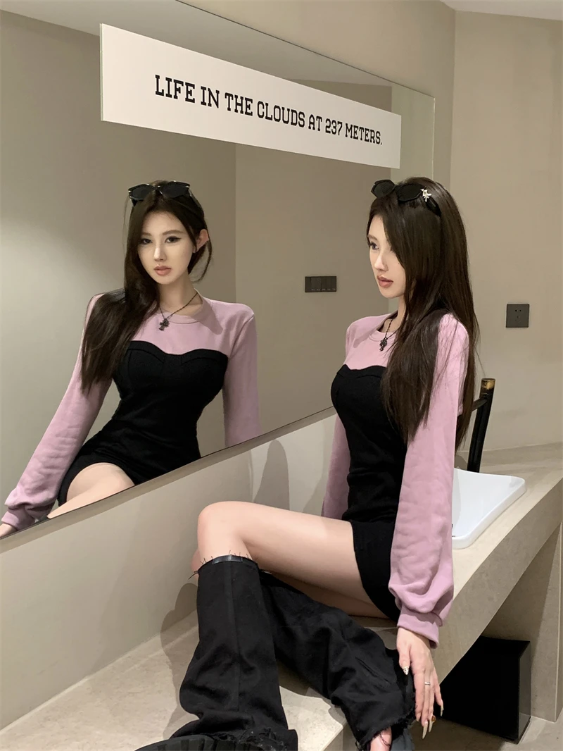 Sexy Patchwork Mini Dresses Women Long Sleeve Bodycon Lace-up Hollow Out Y2K Club Party Dress Korean Fashion Autumn New Vestidos