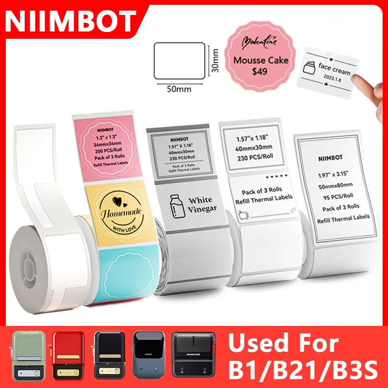 Niimbot, 1 rollo de etiquetas térmicas, blanco/Color/transparente/pegatina de Cable, papel adhesivo antiaceite UV para impresora térmica portátil B1 B21