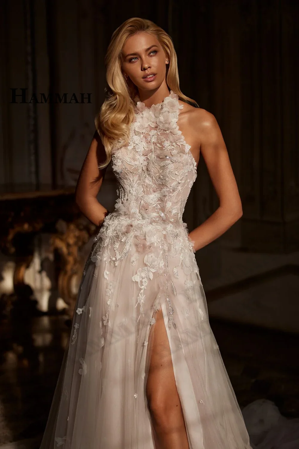 HAMMAH Glamorous Backless Wedding Gown Halter Lace Appliques Sleeveless Trumpet Slit Chapel Train Robe De Mariee Customized