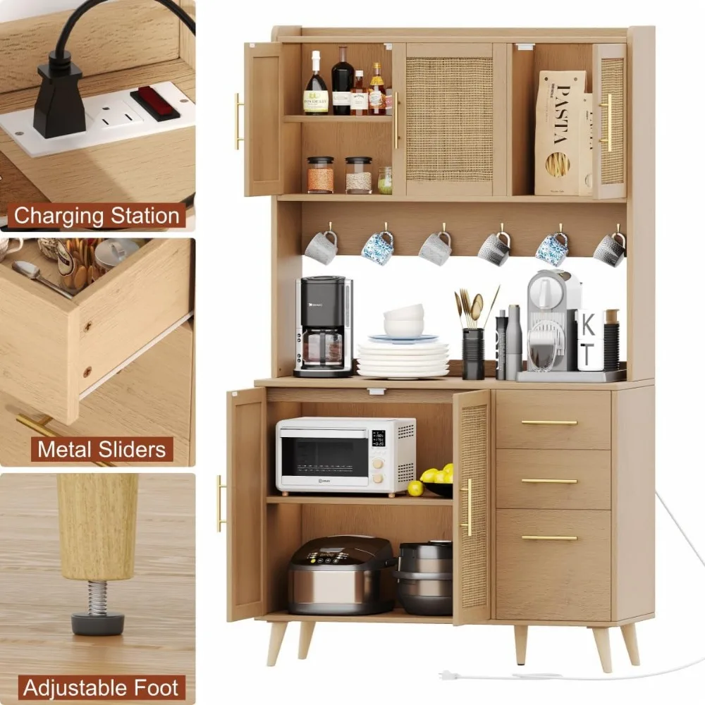 70.9" Kitchen Pantry Cabinet w/ Microwave Shelf,Rattan Freestanding Storage Cabinet w/ Charging Station,Sideboard Buffet Cabinet 6