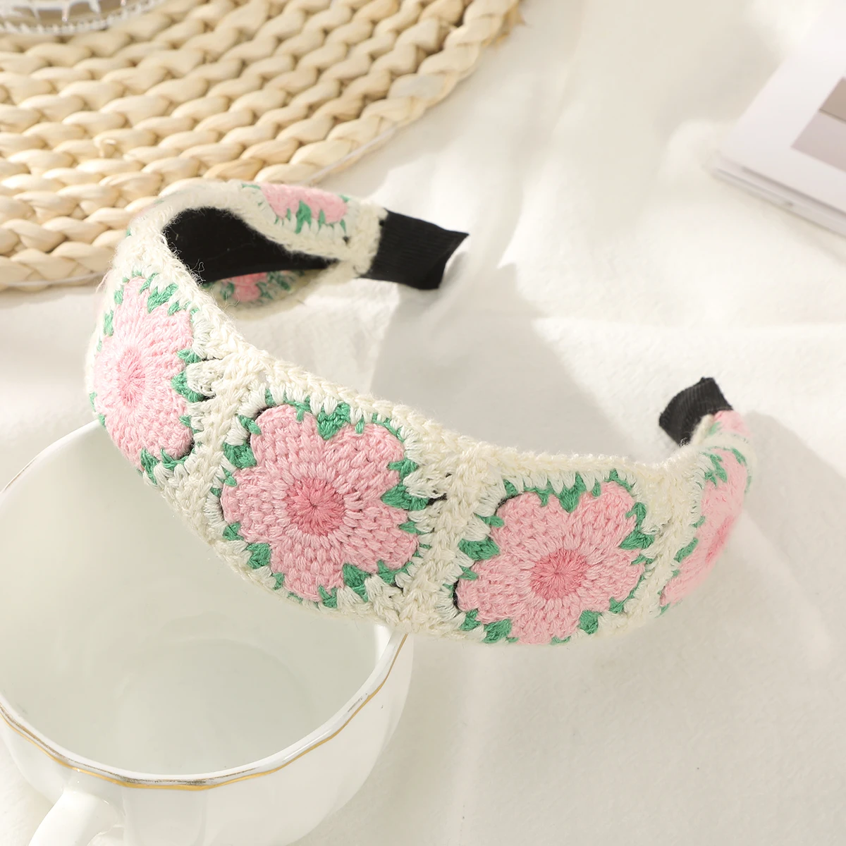 Flower Pink Ethnic Crochet Headband Hair Hoops Women Knitting Hairband Hair Hoop Retro Hair Bands Women Wide Hair Accessories